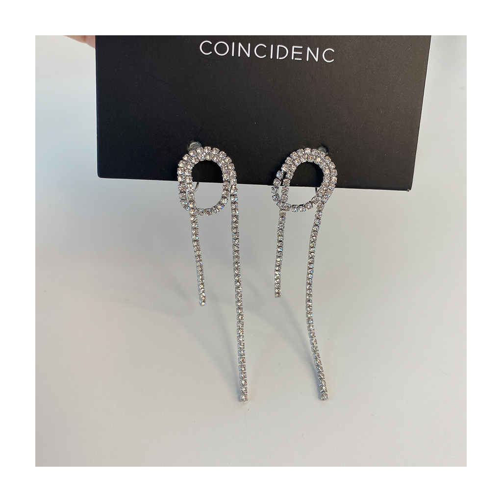 (W Dear) Rhinestone long tassel mosquito coil ear clip without ear hole female temperament high-quality ear acupuncture to show thin face