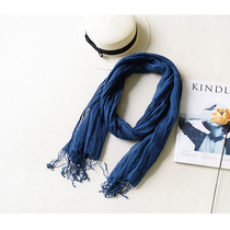 Japanese summer pure linen scarf men's ultra thin narrow small size scarf black hidden blue personalized art folds