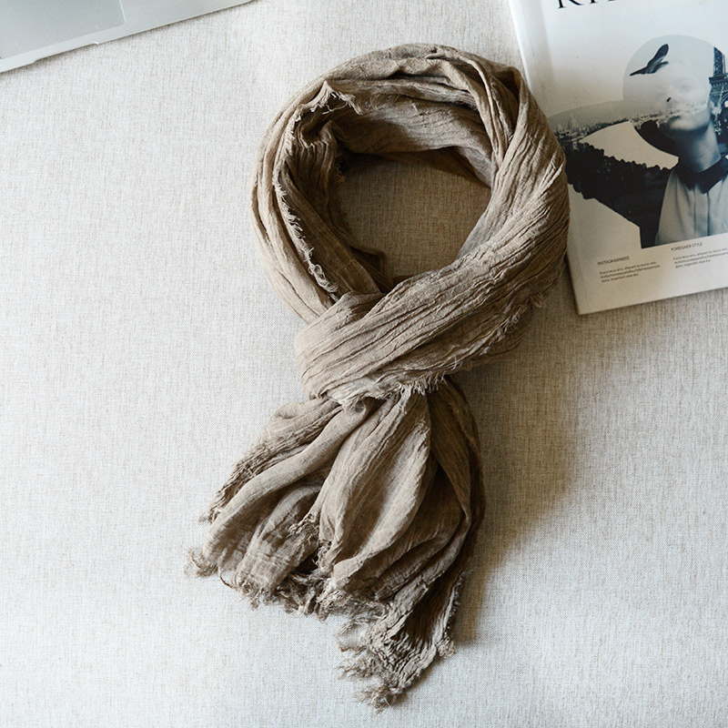 Khaki Scarf Men's Autumn/Winter Personalised versatile Dyed Linen Mechanical Wrinkle Brown Japanese Cotton Linen Scarf