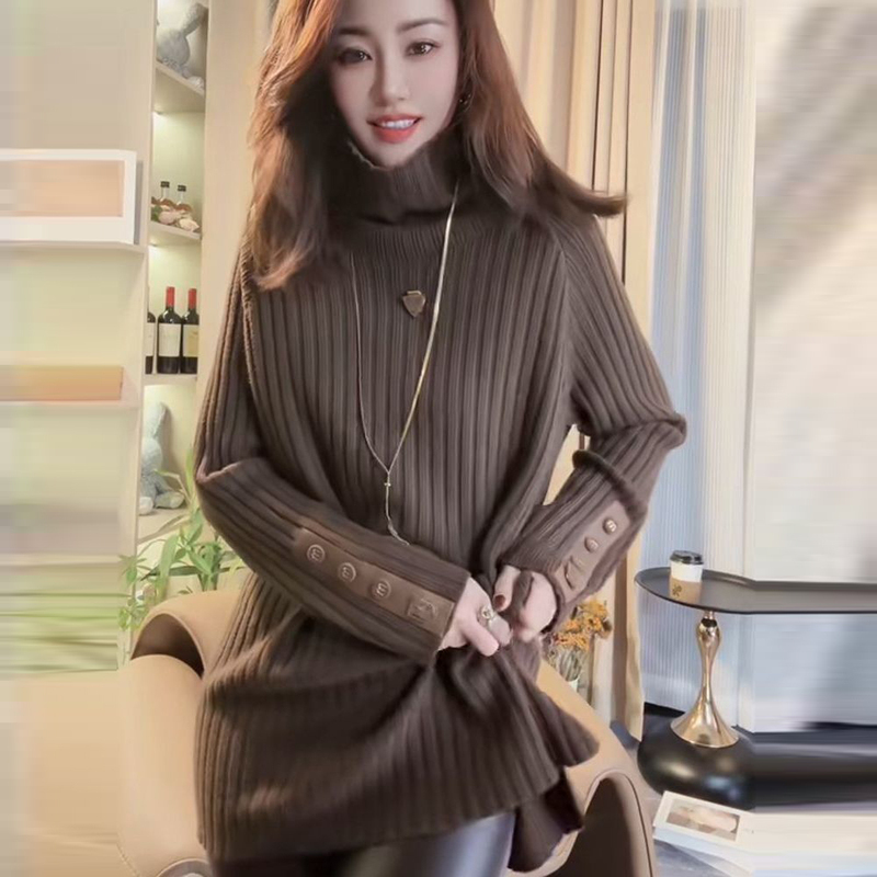 European Goods 2025 Autumn and Winter New High-Neck Heavy-Duty Leather Buckle Loose Knit Pullover Sweater for Women, Mid-Length Top European Goods 2025 Autumn and Winter New High-Neck Heavy-Duty Leather Buckle Loose Knit Pullover Sweater for Women, Mid-Length Top