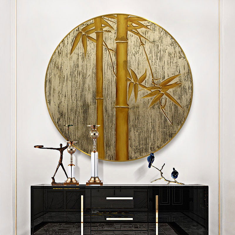 Chinese decorative painting nostalgic living room sofa background wall porch carving round hanging painting lacquer painting hand drawn bamboo