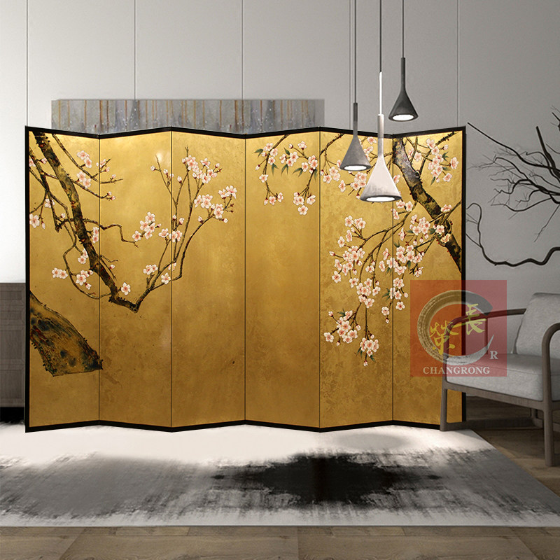 New Chinese-style screen hotel living room bedroom mural hand-painted paint painting folding screen broken gold foil apricot flower map customization