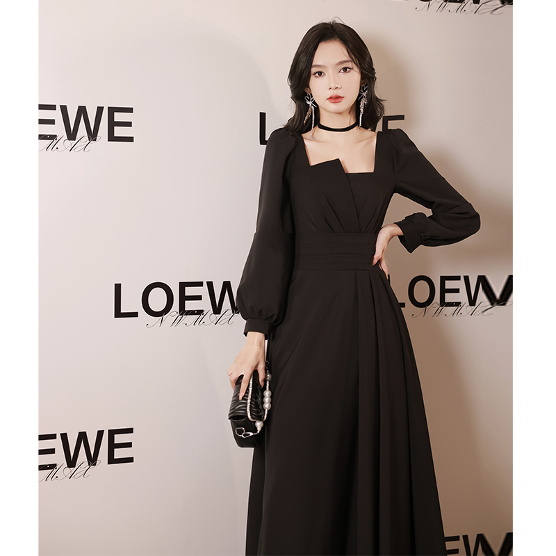 Black Evening Dress, French Light Luxury, Niche Style, High-End Feel, Host's Classy Long Dress, Coming-Of-Age Ceremony Long-Sleeve Dress