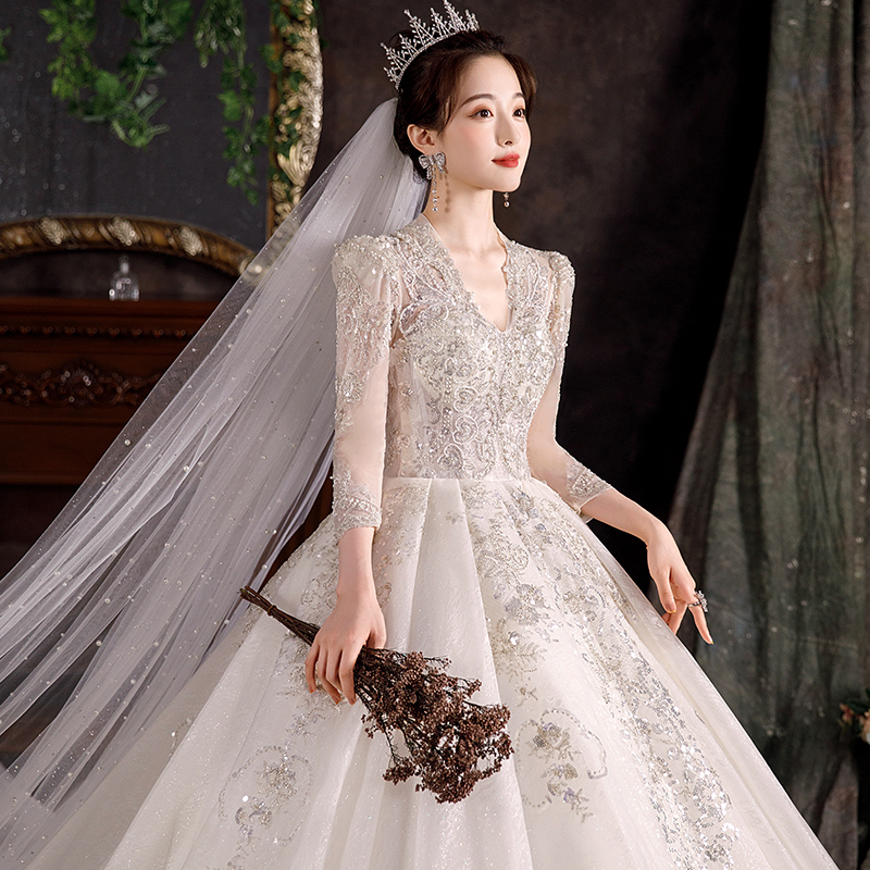Long -sleeved wedding dress 2022 new summer court style heavy work -style main wedding dress high -level sense luxury big tail is thin Long -sleeved wedding dress 2022 new summer court style heavy work -style main wedding dress high -level sense luxury big tail is thin