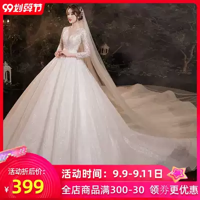 Main wedding dress bride temperament little man 2021 New Heavy Industry luxury Starry Sky large size tailing Moren tail long sleeve