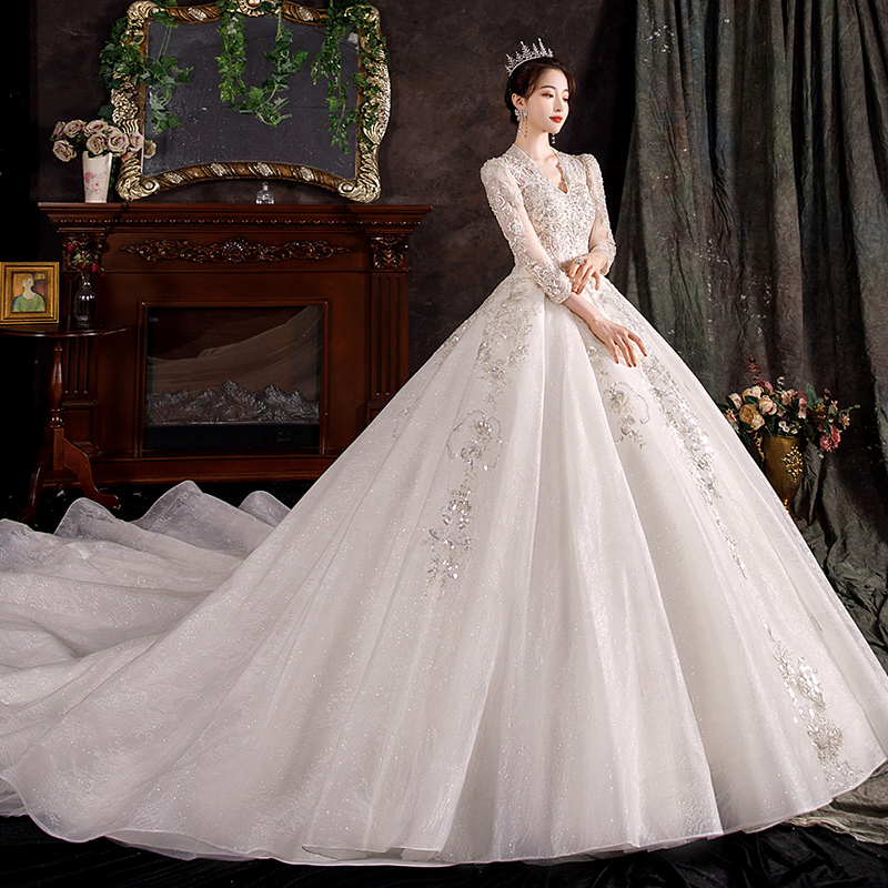 Long -sleeved wedding dress 2022 new summer court style heavy work -style main wedding dress high -level sense luxury big tail is thin Long -sleeved wedding dress 2022 new summer court style heavy work -style main wedding dress high -level sense luxury big tail is thin