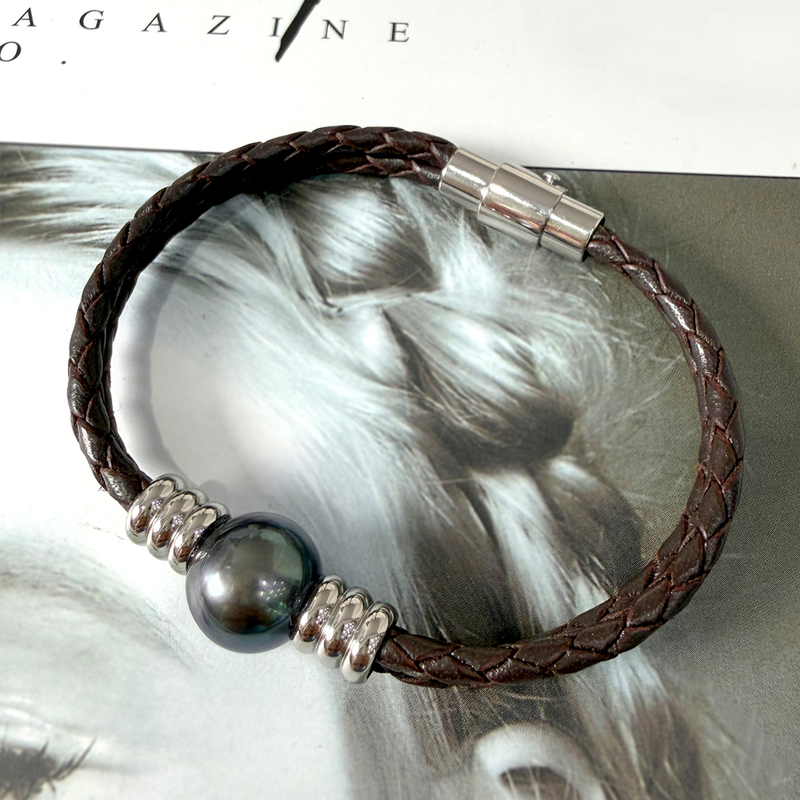 Tahitian Black Pearl Handmade Cowhide Rope Bead Bracelet, Unisex, Fashionable and Versatile, Personalized Bracelet Jewelry