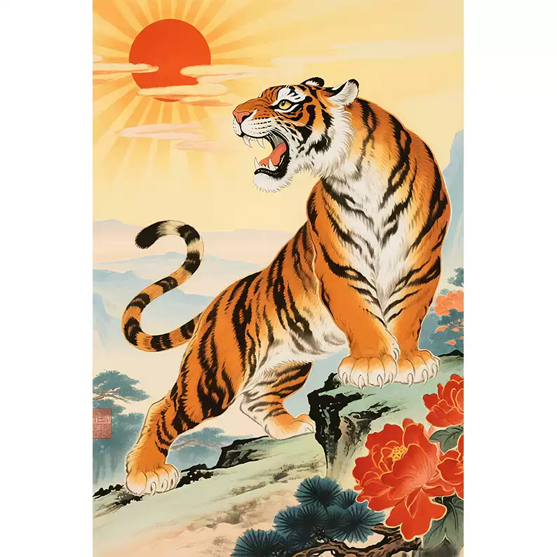 竖版老虎贴画猛虎下山自粘墙贴壁纸客厅装饰画镇宅风水壁纸虎王-淘宝