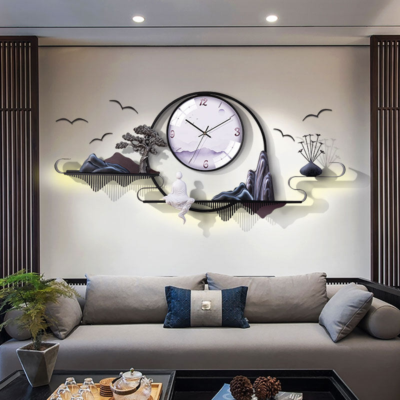 New Chinese style large decorative wall clock living room background wall home clock hanging wall muted wall clock metal creative clock