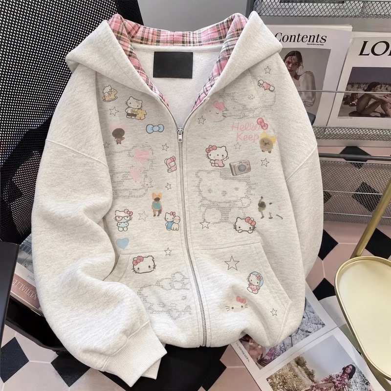 Girls' Japanese-Style Cartoon Cardigan Hooded Sweatshirt, New Spring, Autumn, and Winter Style for Older Children, Junior High School Students' Zip-Up Jacket Top