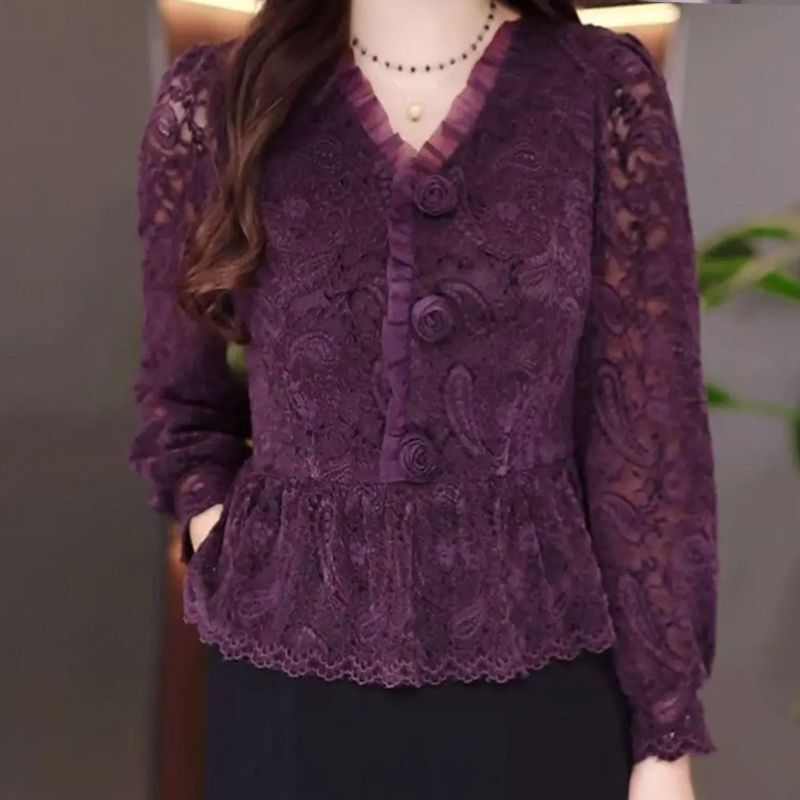 Fashionable and Elegant Velvet Lace Base Shirt, Feminine Autumn New Style, Versatile and Slimming Long-Sleeved Top