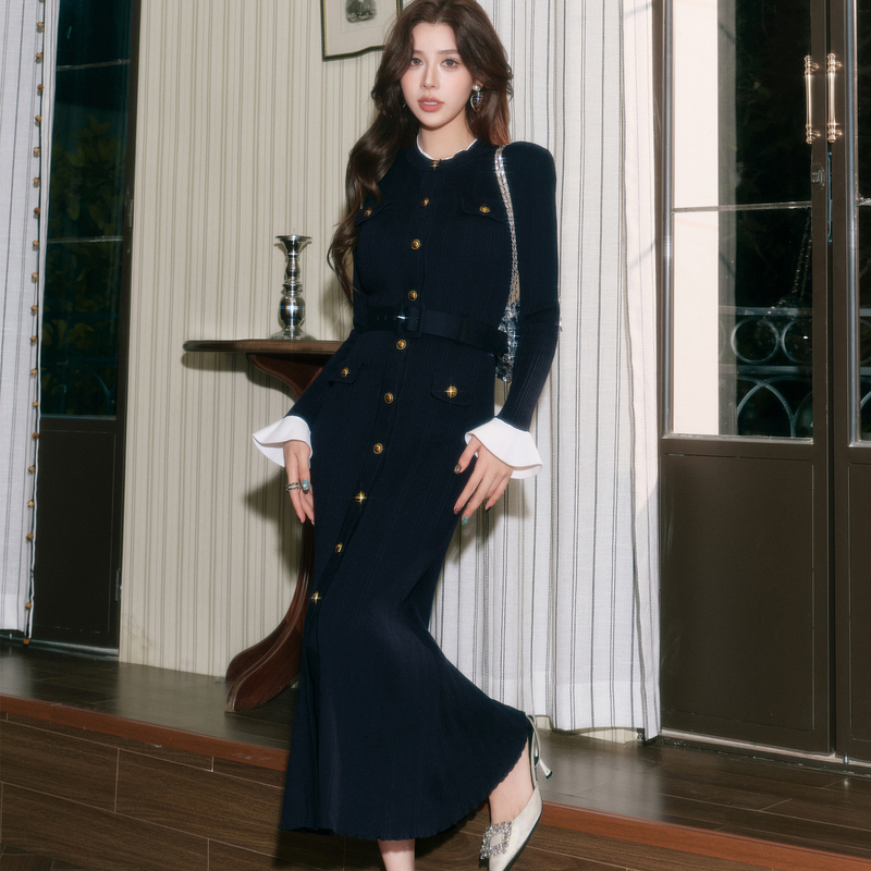 Org Yang Chaoyue's Same Style Navy Blue Round-Neck Elegant Slim-Fit Waist-Cinching Knitted Fishtail Long Dress