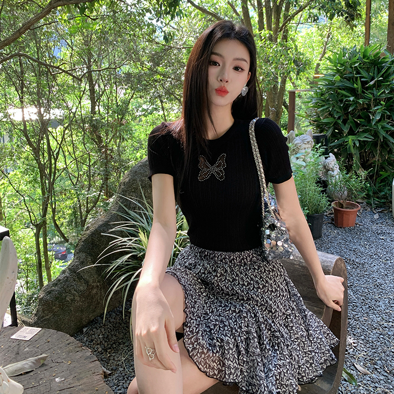 Org Black Heavy Embellished Rhinestone Exquisite Butterfly Simple Commuter Versatile Short Sleeve Top T-Shirt 26 New Summer Women's