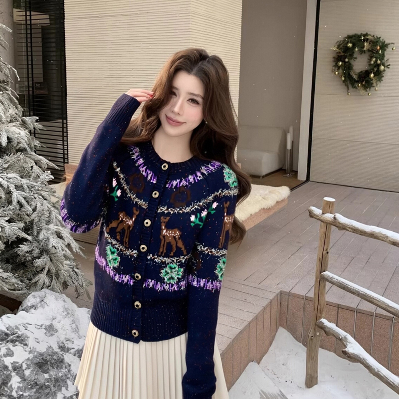 Org Reindeer Christmas Navy Blue Pullover Skiing Exquisite Embroidery Warm Slimming Knitwear W