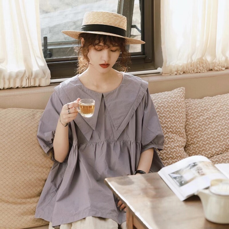 Artistic Women's Clothing, Mori-Style Tops, Retro Puffy Doll Shirts, Japanese-Style Large Collar Shirts, Sweet and Cute Loose-Fitting Summer Shirts Artistic Women's Clothing, Mori-Style Tops, Retro Puffy Doll Shirts, Japanese-Style Large Collar Shirts, Sweet and Cute Loose-Fitting Summer Shirts