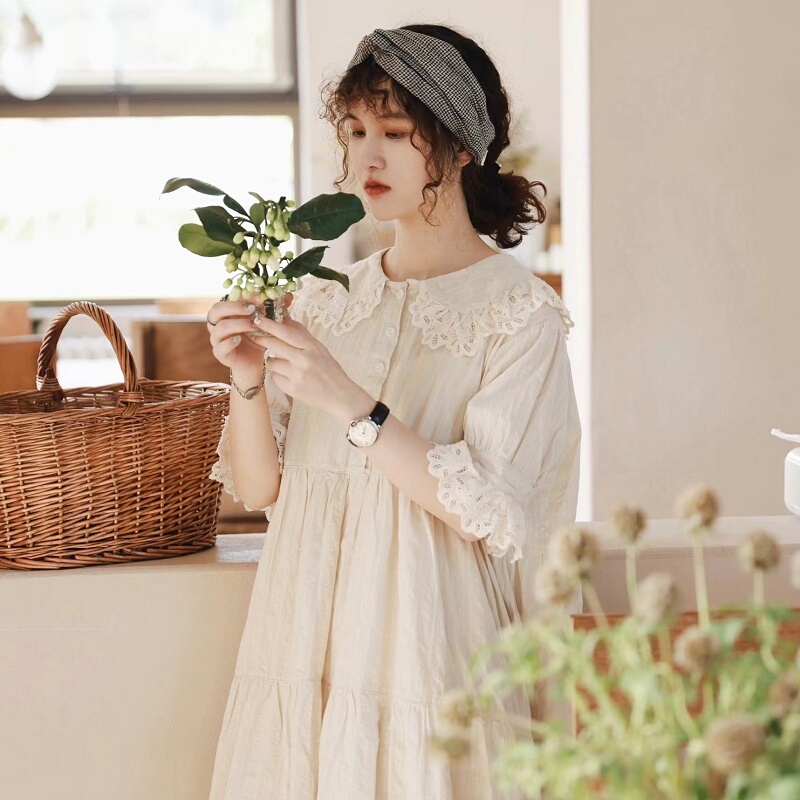Japanese-Style Women's Doll Dress with Lace, Large Lapel, Forest-Style Sweet and Cute Dress, Artistic Retro Forest Girl Style for Summer