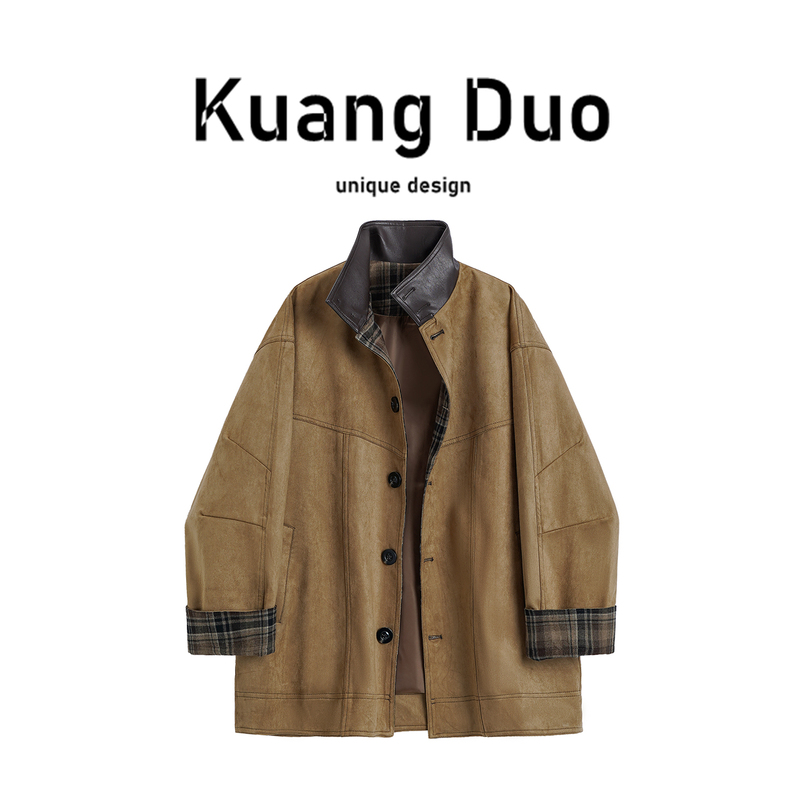 Brown Suede Plaid Color-Blocked Leather Mid-Length Trench Coat for Women, 2026 Spring and Autumn New Style, Super Popular Coat
