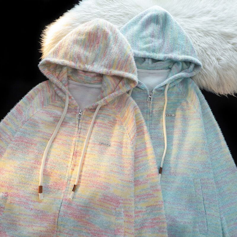 Spring and Autumn Style Soft and Fluffy Rainbow Striped Cardigan Jacket for Women, Casual Loose Knit Sweater