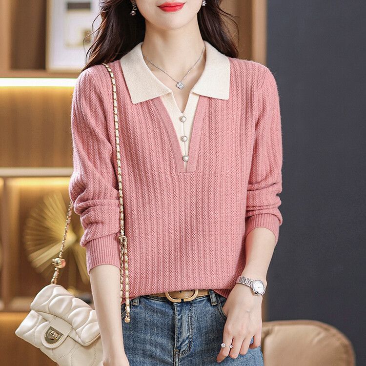 2025 Spring & Fall New Fake Two-Piece Knitwear Tops for Middle-Aged Mothers Polo Shirts Lapel Long-Sleeved Knitwear Bottoming