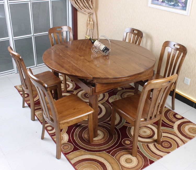 Bàn ăn gỗ nguyên khối kết hợp có thể thu vào gấp bàn tròn tro gỗ bàn ăn gỗ hiện đại căn hộ nhỏ gấp bàn tròn - Bàn