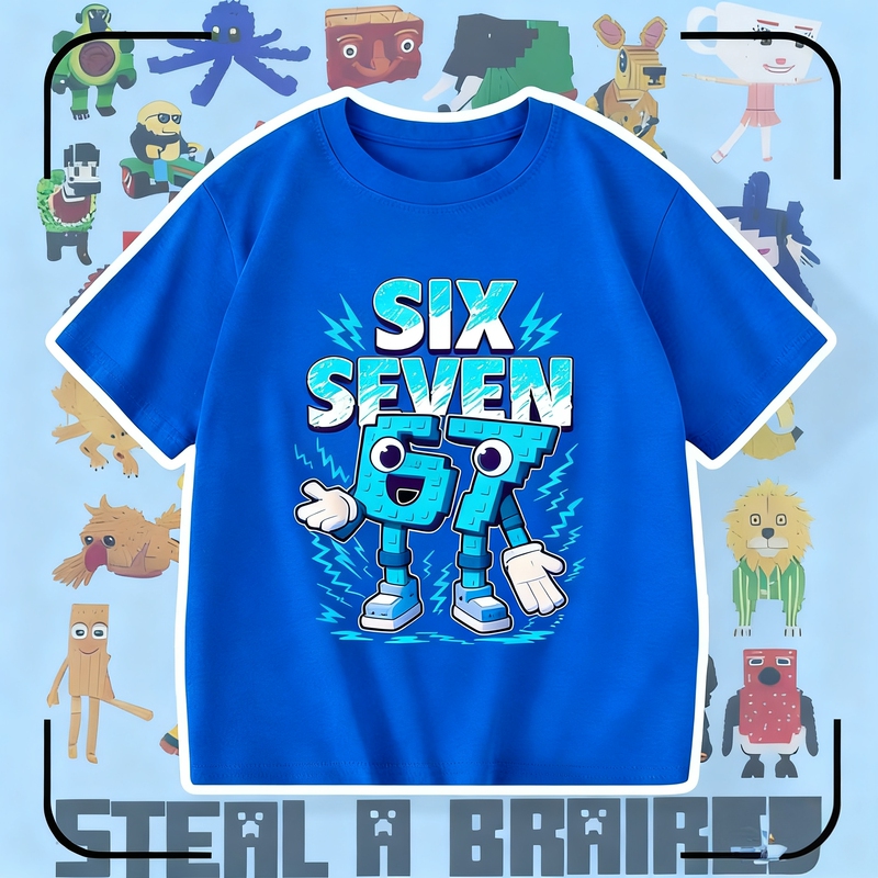 Cross-Border Game Steal a Brainrot No. 67 Steal the Brain Red Mountain and Sea Classic Short-Sleeved T-Shirt for Boys and Girls