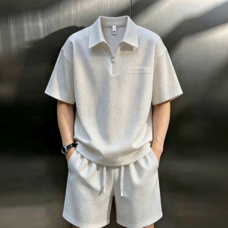 Thin, Cool and Breathable Solid Color Polo Shirt Short-Sleeved Shorts Set for Men, Summer Loose Sports and Leisure Two-Piece Set