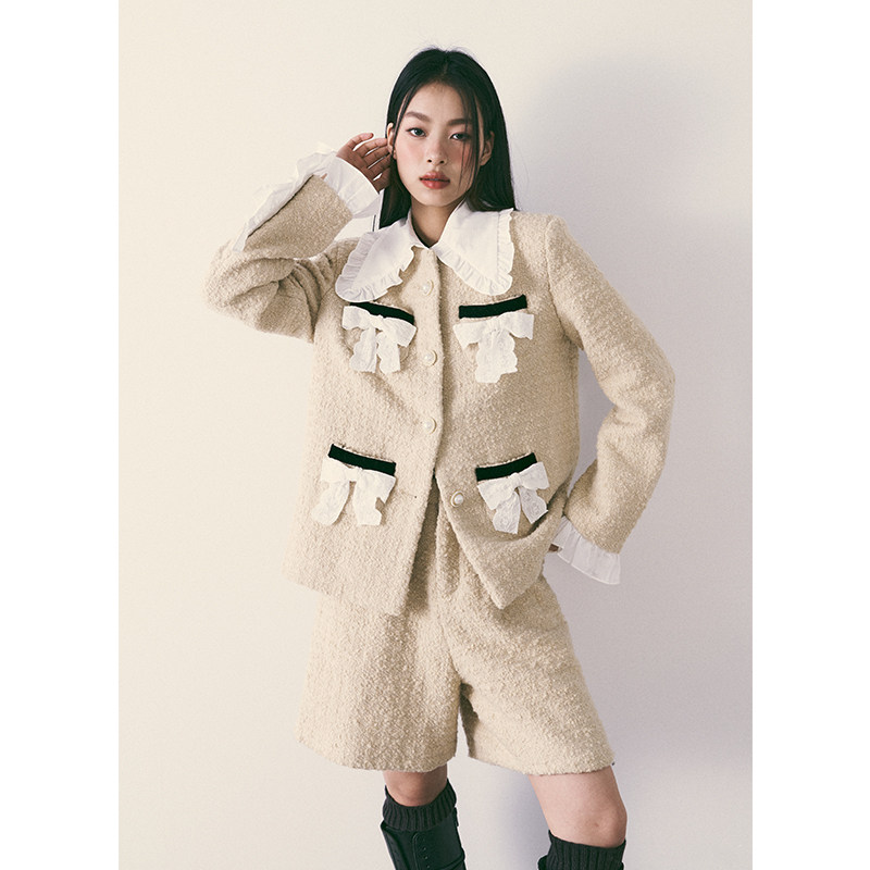 1PSTUDIO original design beige coarse flowers with small fragrant wind suit advanced senses wool two sets ladies autumn winter-Taobao