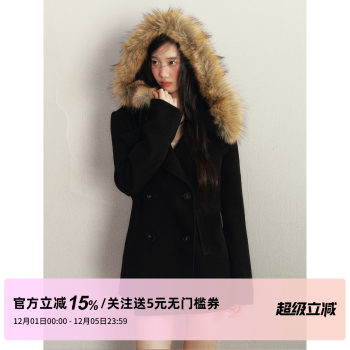 1P STUDIO 仿貂毛毛领连帽短款毛呢外套女冬季双排扣修身呢子大衣