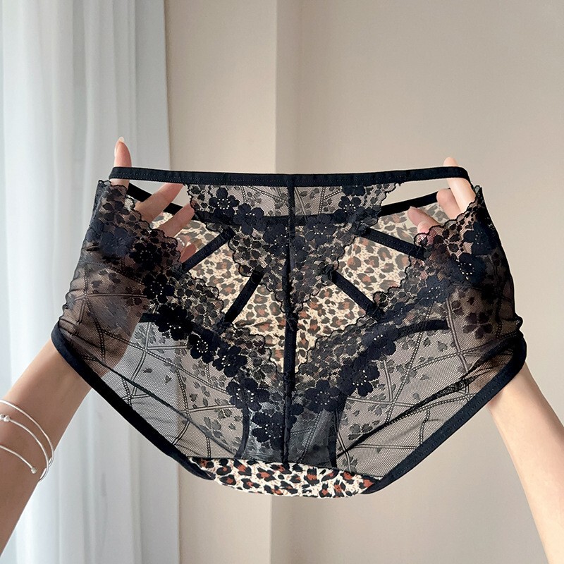 Sexy Women's Panties with Thin Straps, Back Cut-Out Lace, High Elasticity, High Waist, Plus Size for Curvy Women, Transparent Leopard Print, Thin Mesh Fabric Sexy Women's Panties with Thin Straps, Back Cut-Out Lace, High Elasticity, High Waist, Plus Size for Curvy Women, Transparent Leopard Print, Thin Mesh Fabric