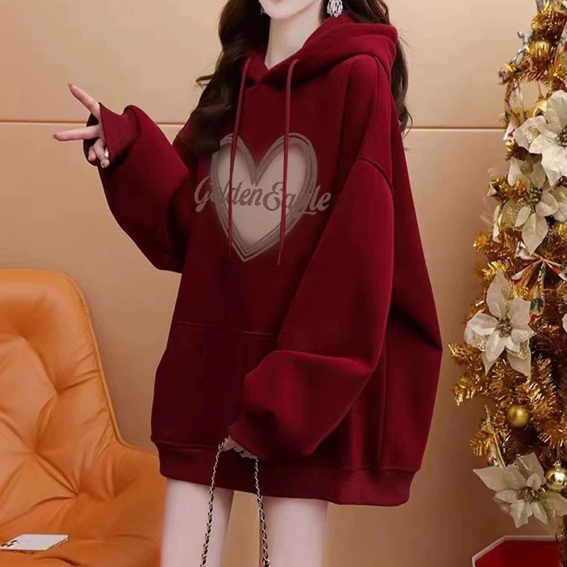 150kg Plus Size Women's Clothing 2026 Autumn/Winter New Wine Red Fleece-Lined Thickened Hooded Sweatshirt 100kg Loose Top