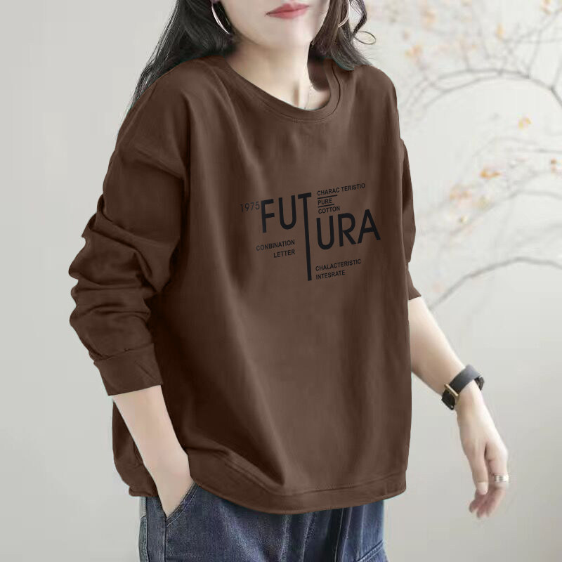150kg Plus Size Women's Clothing 2026 Autumn and Winter Regular Shoulder Round Neck Long-Sleeved T-Shirt for Fat Women, This Year's Popular Loose Top