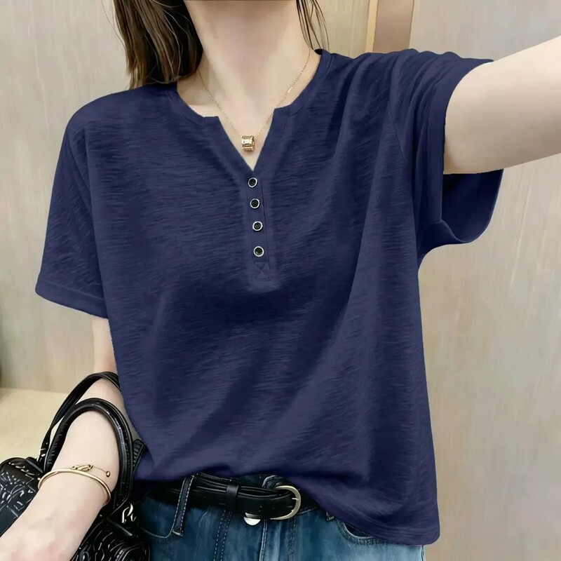 150kg Extra Large Size Women's Clothing 2026 Summer New V-Neck Bamboo Cotton Short-Sleeved T-Shirt for Plus-Size Women, Loose and Slimming Top
