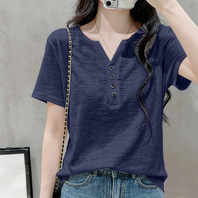 150kg Extra Large Size Women's Clothing 2026 Summer Button V-Neck Bamboo Cotton Short Sleeve T-Shirt for Plus Size Women, Loose and Slimming Top