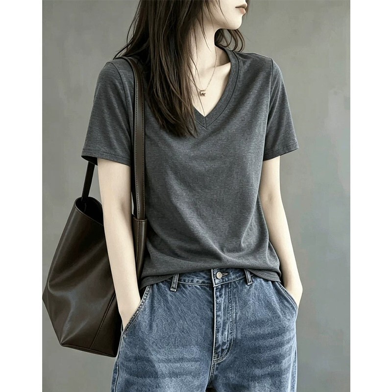 150kg Plus Size Women's Clothing 2026 Summer V-Neck Regular Shoulder Short Sleeve T-Shirt for Chubby Women, Loose Fit, Pure Cotton, Very Beautiful T-Shirt Top