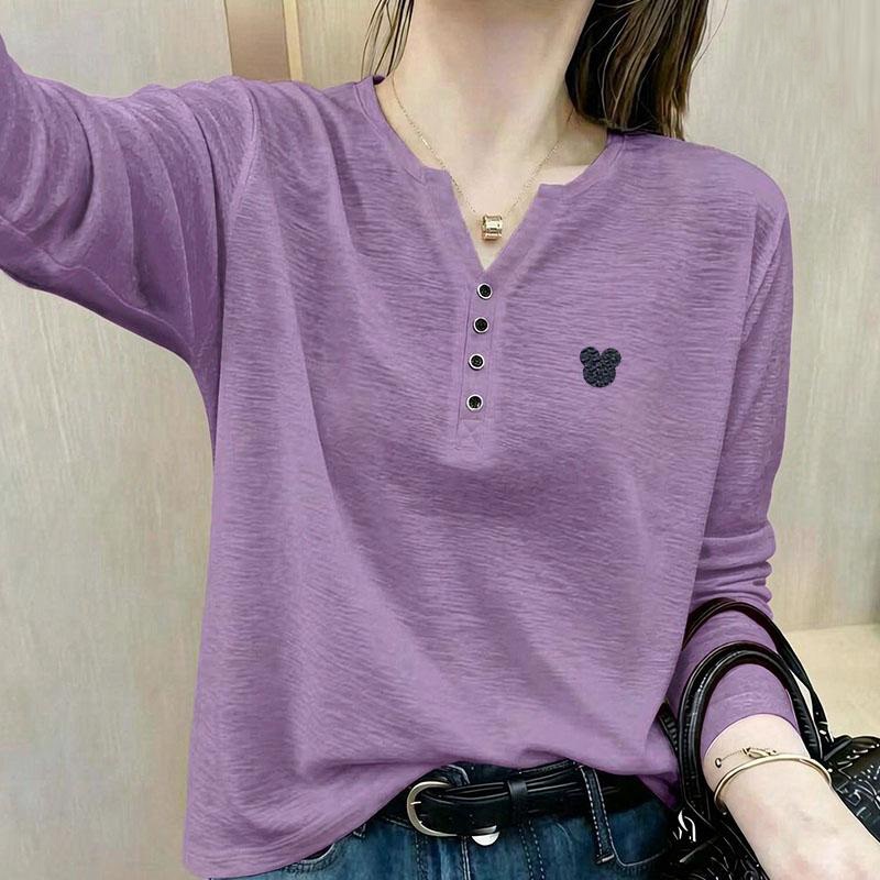 150kg Plus Size Women's Clothing 2026 Autumn Button V-Neck Bamboo Cotton Long Sleeve T-Shirt for Plus Size Women, Loose Fit Slimming Top