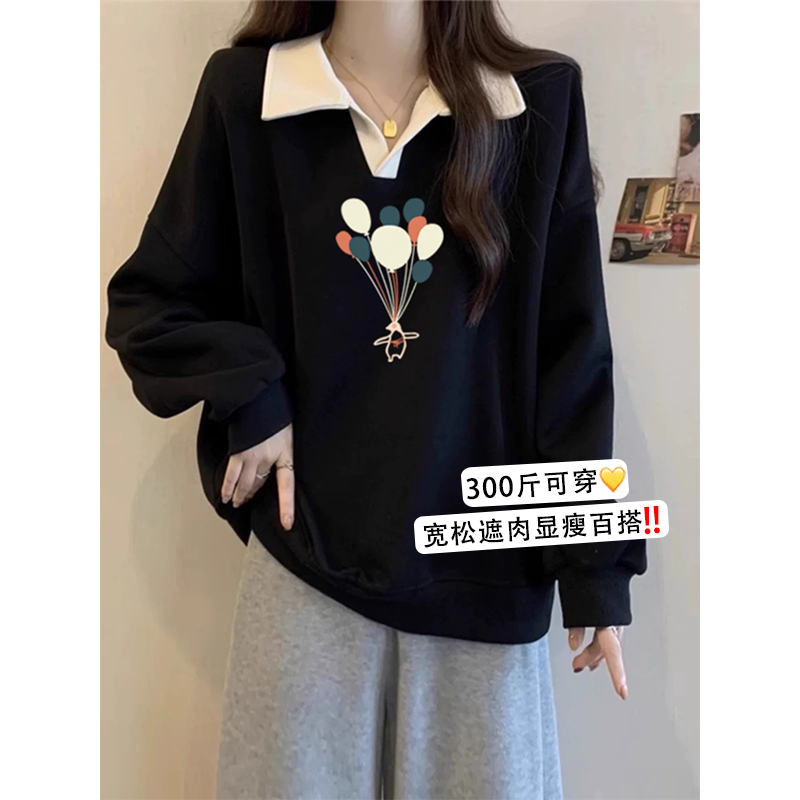 150kg Plus Size Women's Clothing 2026 Spring and Autumn New Style Extra Large Polo Collar Sweatshirt 100kg Loose Turn-Down Collar Top