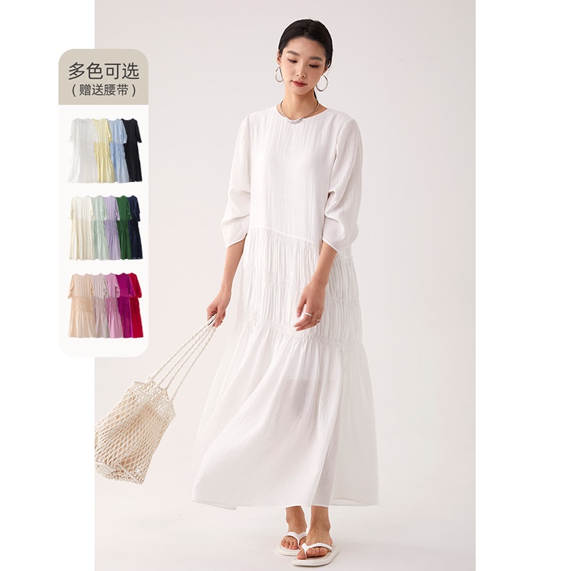 Cr Women's Spring, Summer and Autumn New White Dress, Long Skirt with Large Hem, Super Beautiful, High-End Elegant Long Skirt for Seaside Vacation