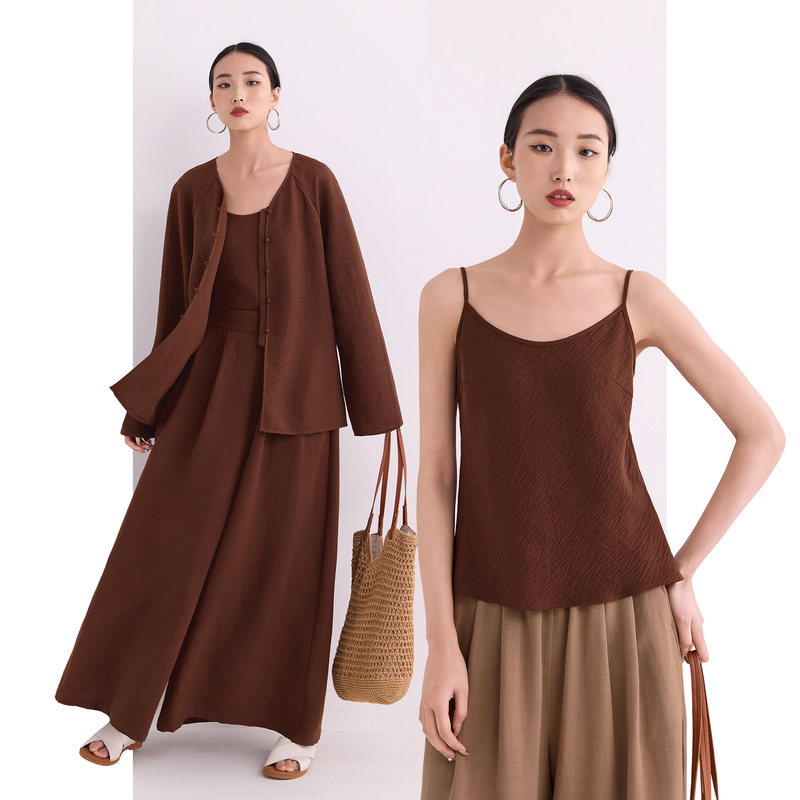 Strappy Camisole That Can Be Worn as Outerwear, New Style for Petite Women, Short Design, Stylish and Elegant Top in Caramel Brown
