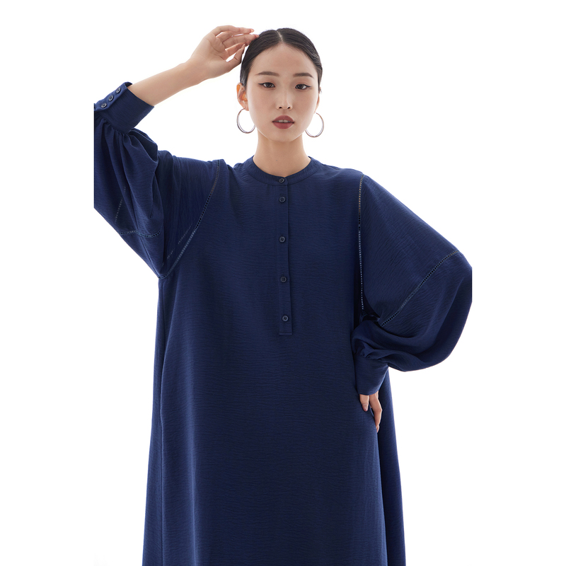 Dress for Women, Loose Lantern Sleeves, Buttoned Long Dress, High-End Feel, Navy Blue, Elegant, Hollow-Out Dress, New Style, Lazy Style Dress for Women, Loose Lantern Sleeves, Buttoned Long Dress, High-End Feel, Navy Blue, Elegant, Hollow-Out Dress, New Style, Lazy Style