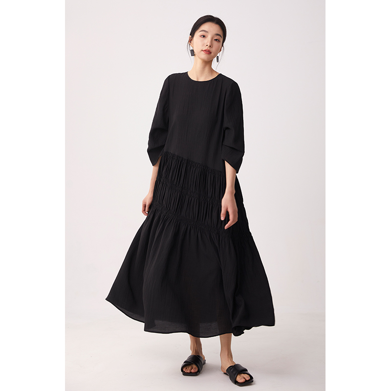 Cr Spring, Summer and Autumn New Long Dress, Elegant and High-End, Relaxed Style, French Dress, Large Hem, Loose and Slimming, Black Women's Clothing