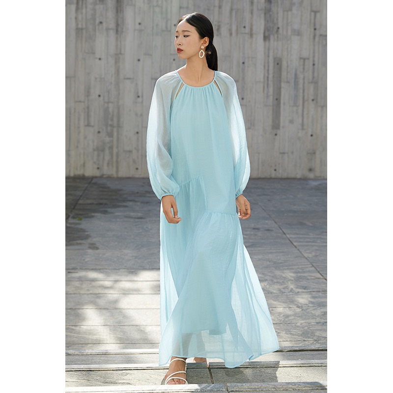 Cr Tencel Wrinkle Spring/Summer New Long Dress, Elegant and Relaxed French Style Dress, Lake Blue Beautiful Dress, Women's Vacation Style