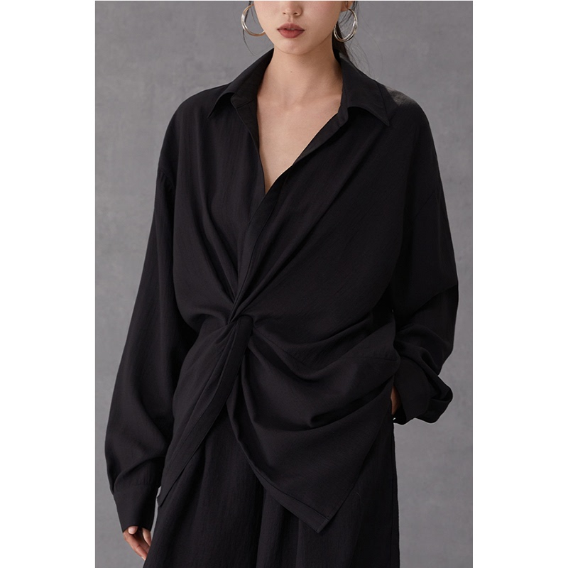 Cr Shirt Blouse Top Women's French Niche Design New High-End Elegant Long-Sleeve Black Big-Name Style