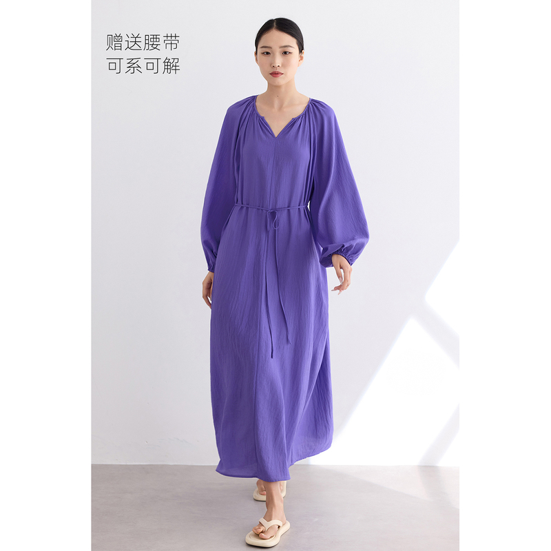 Cr【New Color】Loose-Fitting Dress with a Feminine and Relaxed Feel, Long-Sleeved Long Dress, Purple Lantern Sleeve Dress
