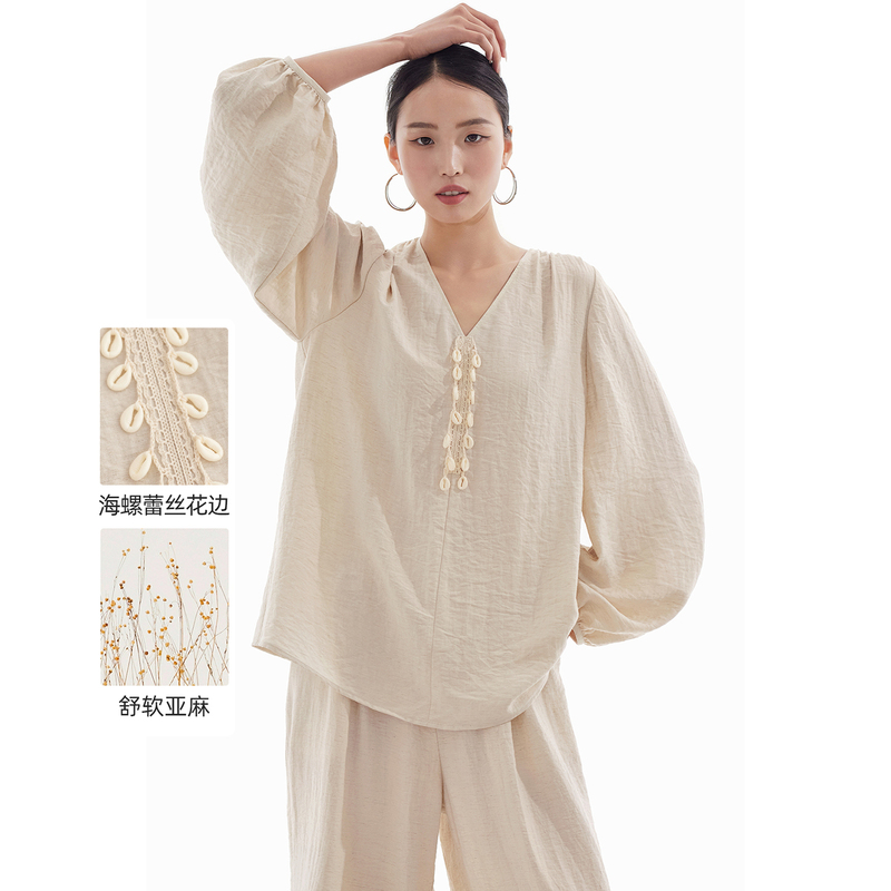 Linen Shirt with a Shell V-Neck, Lantern Long Sleeves, Loose Top for Women, 2026 Spring, Summer, and Autumn New Style, with a Relaxed and Elegant Feel