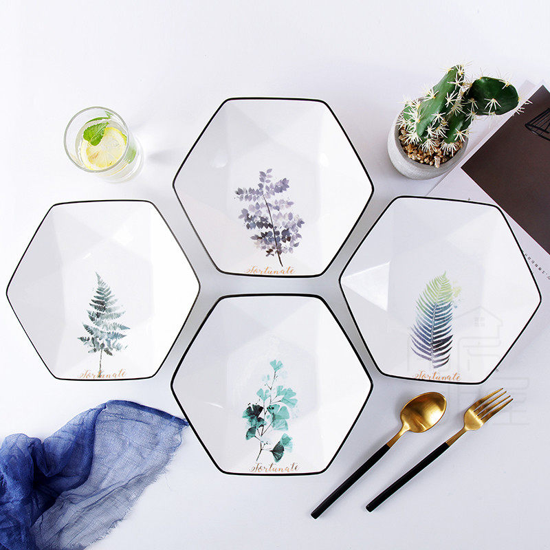 Nordic dinner plate diamond plate black edge leaf plate green plant plate household plate special-shaped plate diamond-shaped six-sided plate