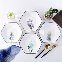 Nordic dinner plate diamond plate black edge leaf plate green plant plate household dish special-shaped plate diamond six-sided plate