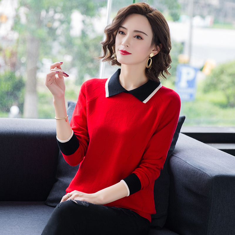 Doll collar ladies red new year sweater autumn and winter 2023 new lapel natal year bottoming shirt foreign style spring and autumn