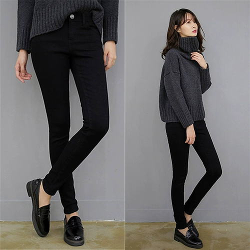Черные джинсы, летние эластичные утепленные штаны, высокая талия, по фигуре, в обтяжку