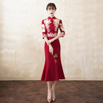 Toast service bride cheongsam 2021 new summer wedding home dress small man engaged wine red dress dress dress woman