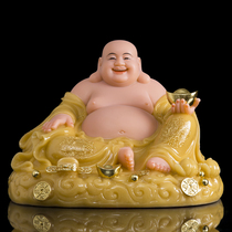 Huang Yu inlaid with gold and white jade Buddha statue Maitreya Buddha Big belly Buddha wide body wide body wide heart Buddha music Buddha porch fortune